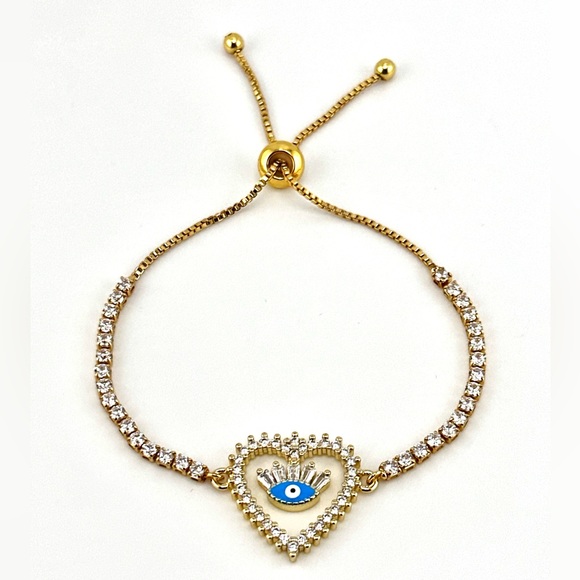 18K Gold Plated over Stainless Steel Adjusatble Slider Evil Eye & Heart Bracelet - Picture 2 of 5